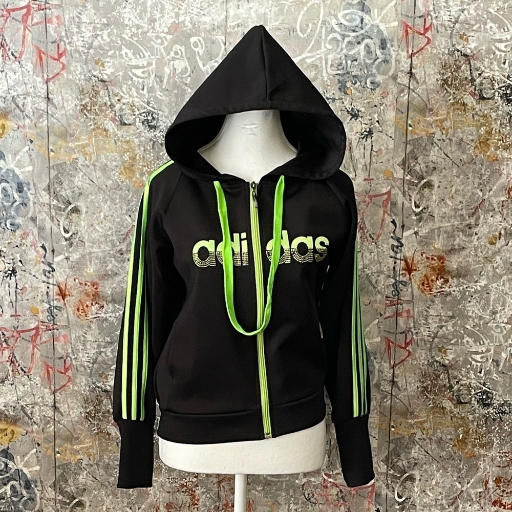 Awesome ADIDAS Zip up Black & Neon Green Jacket with Hood.
